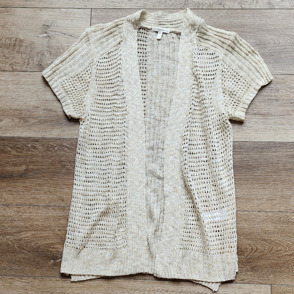Maurices Womens Small Open Front Crochet Short Sleeve Side Slit Cardigan Oatmeal